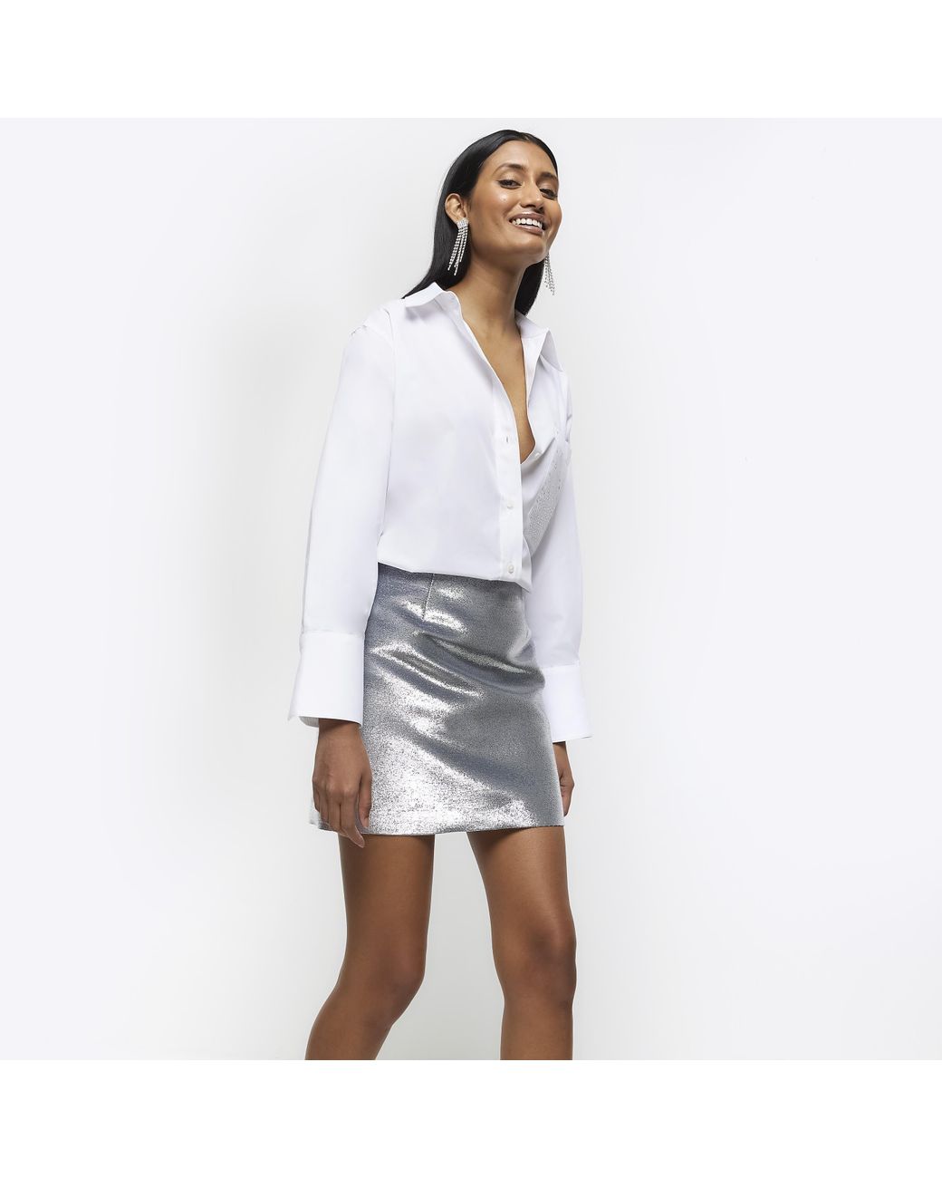 River Island Silver Metallic Mini Skirt in White Lyst UK
