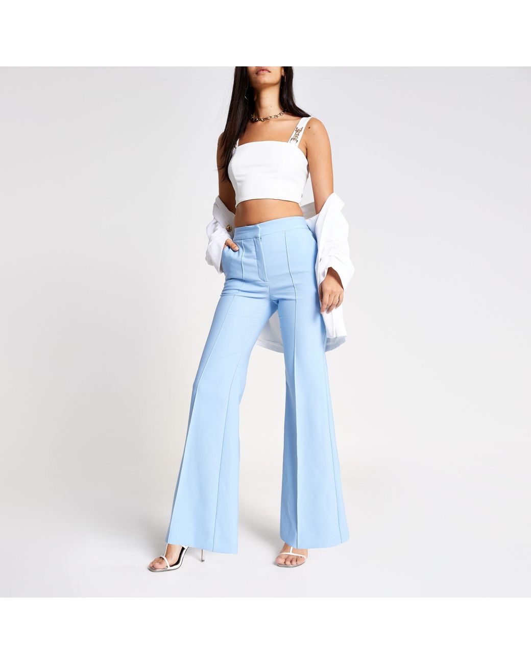 River Island Light Blue Structured Flared Trousers Lyst UK
