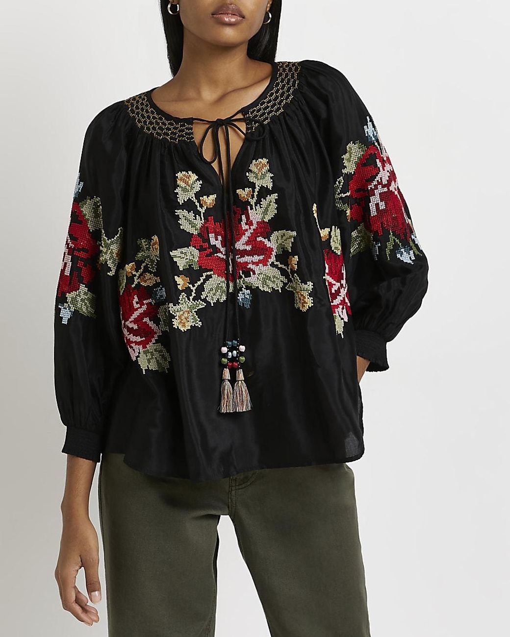 Black Embroidered Floral Smock Top 