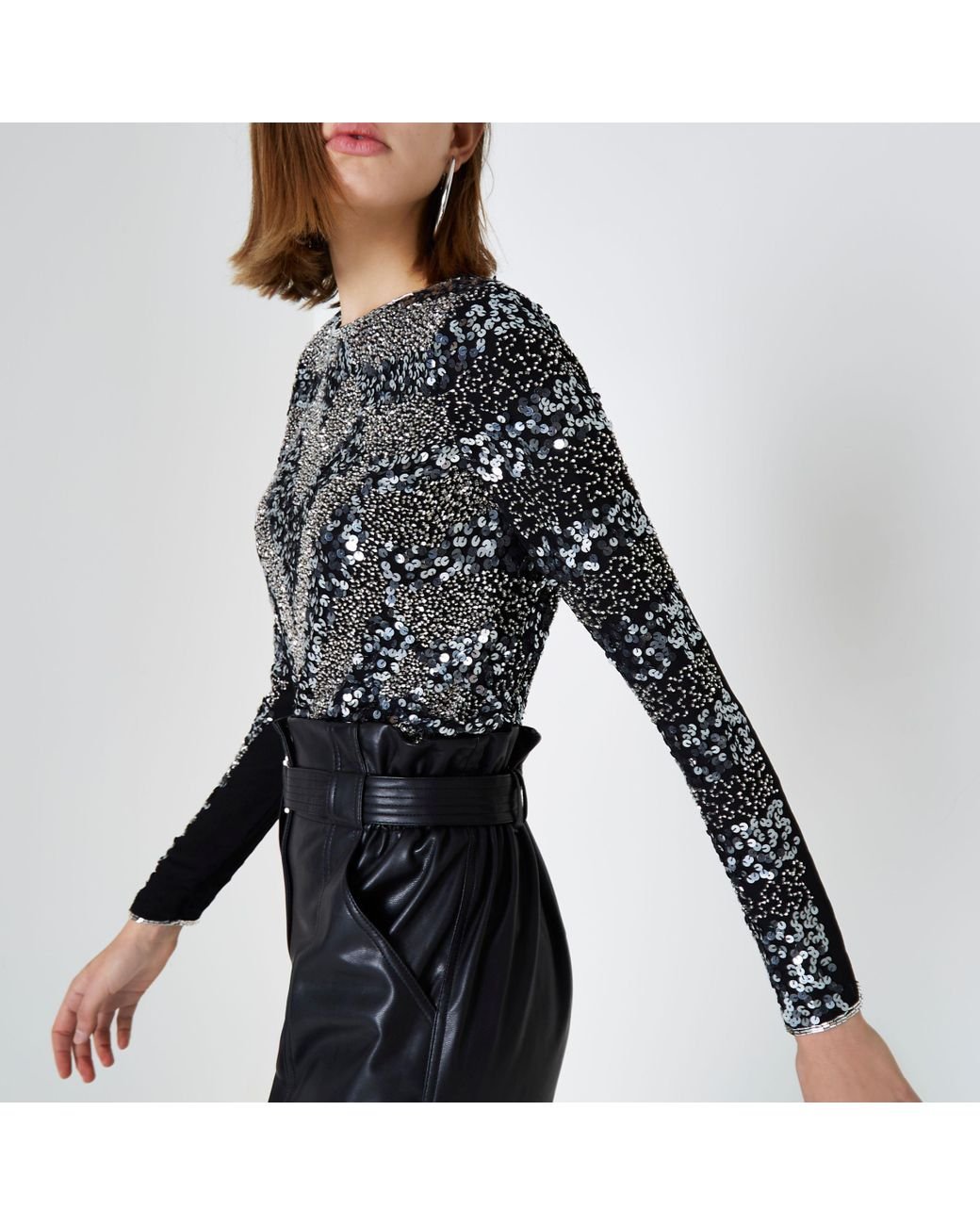 River Island Black Sequin Embellished Long Sleeve Top | Lyst UK