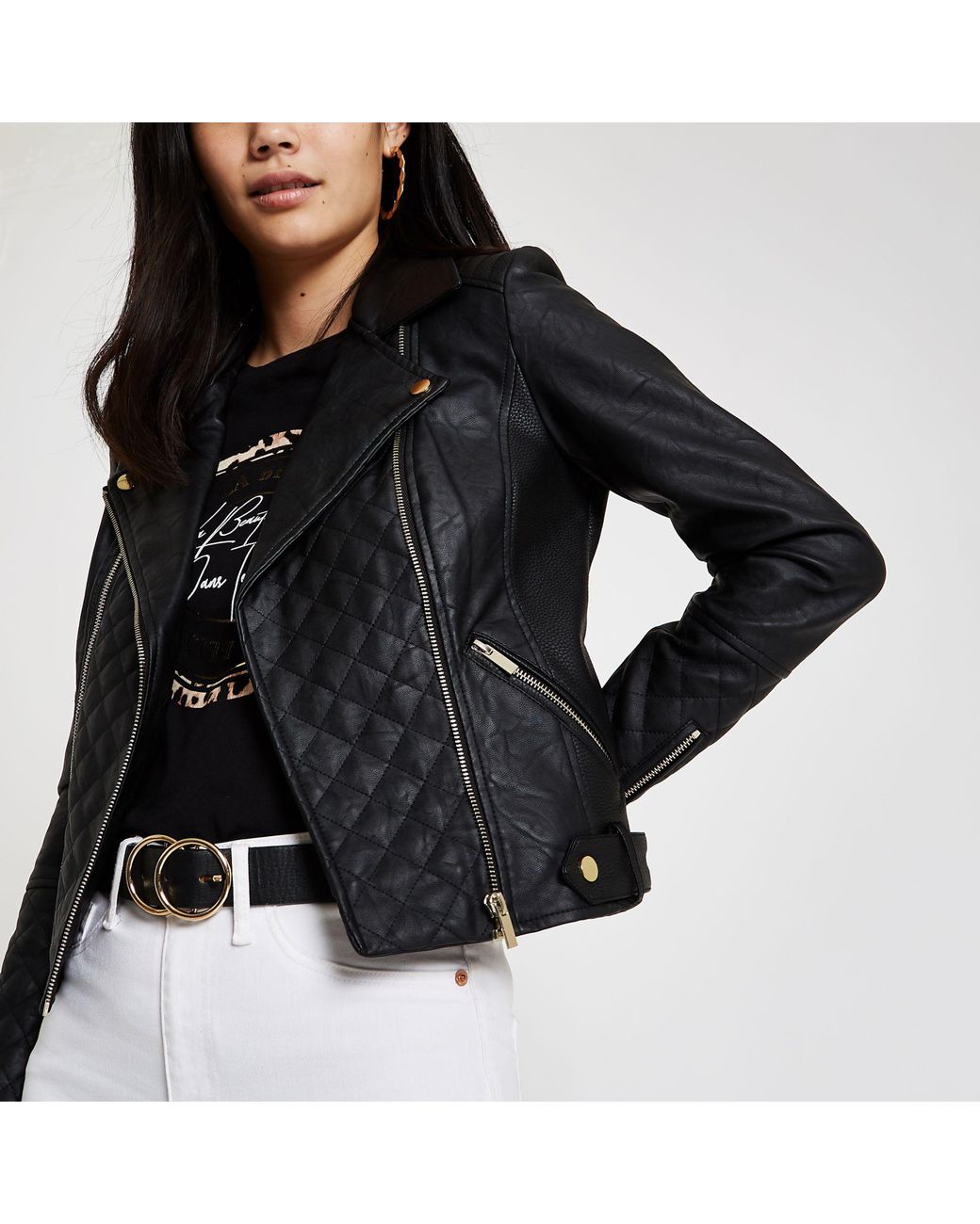 River Island Black Quilted Faux Leather Biker Jacket | Lyst