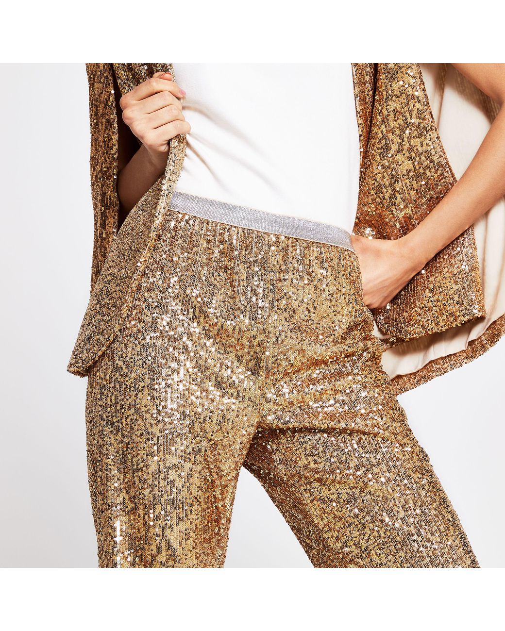 River Island Gold Sequin Trousers in 