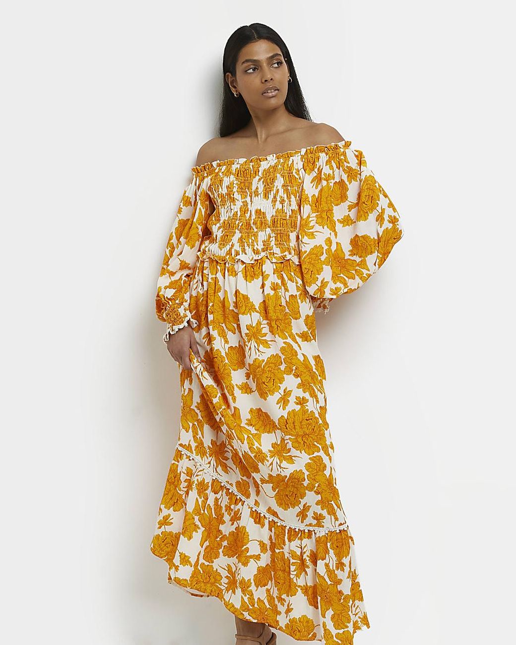 Floral Shirred Smock Maxi Dress 