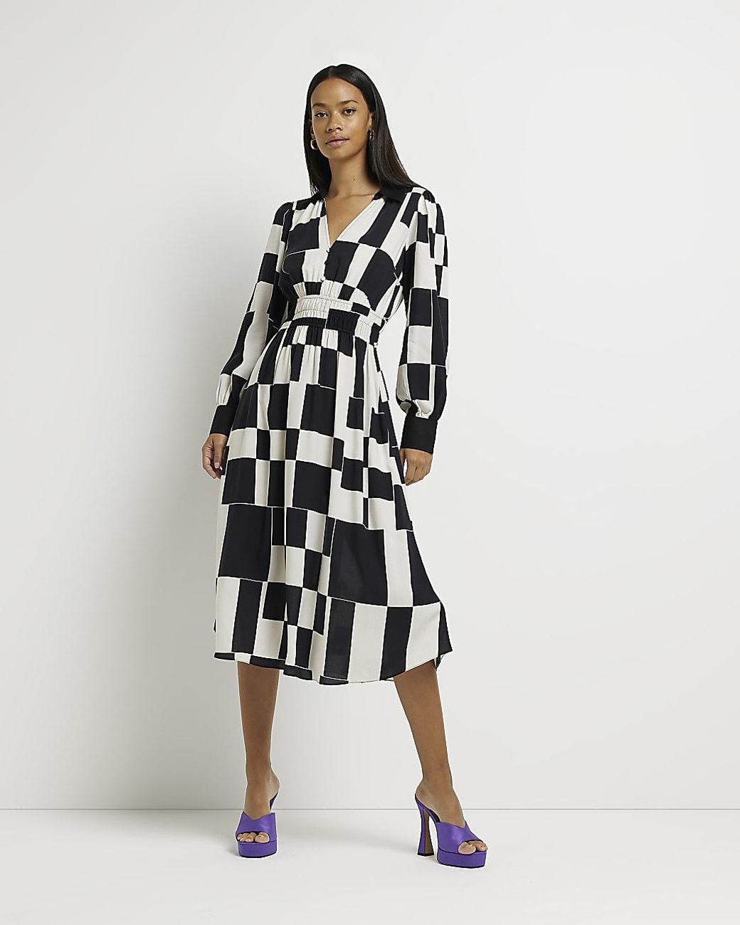 River Island Black Check Shirred Waist Midi Dress in White Lyst