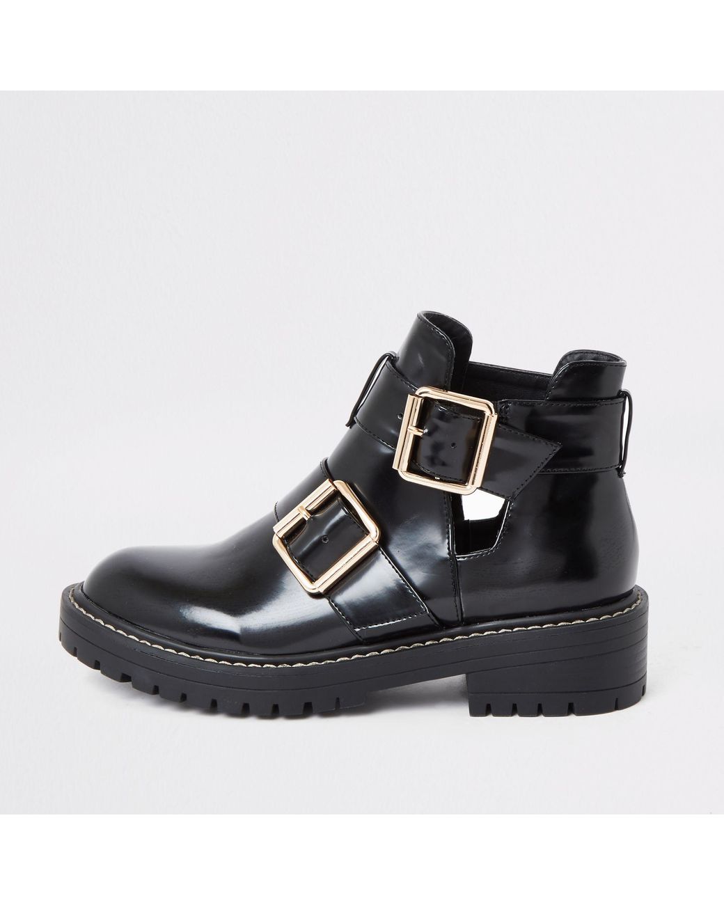 River Island Canvas Black Patent Cut Out Side Chunky Boots Lyst