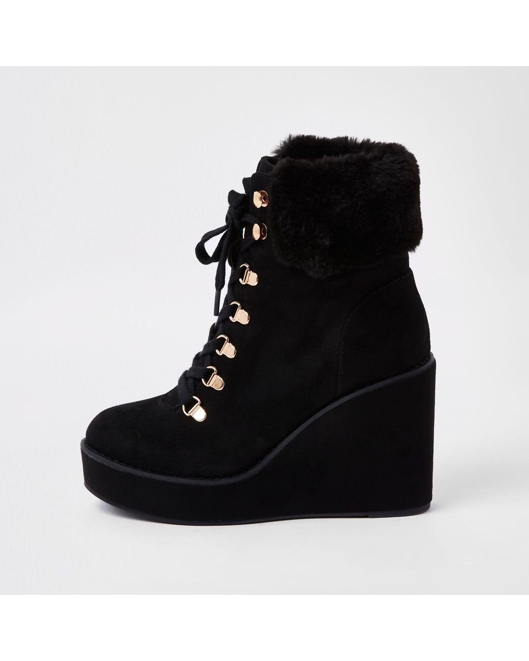 River Island Black Lace-up Wedge Heel Boots | Lyst