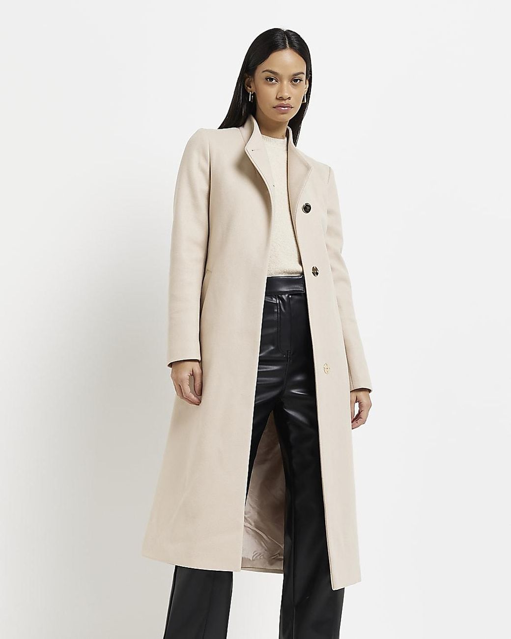 River Island Belted Longline Coat in Natural | Lyst