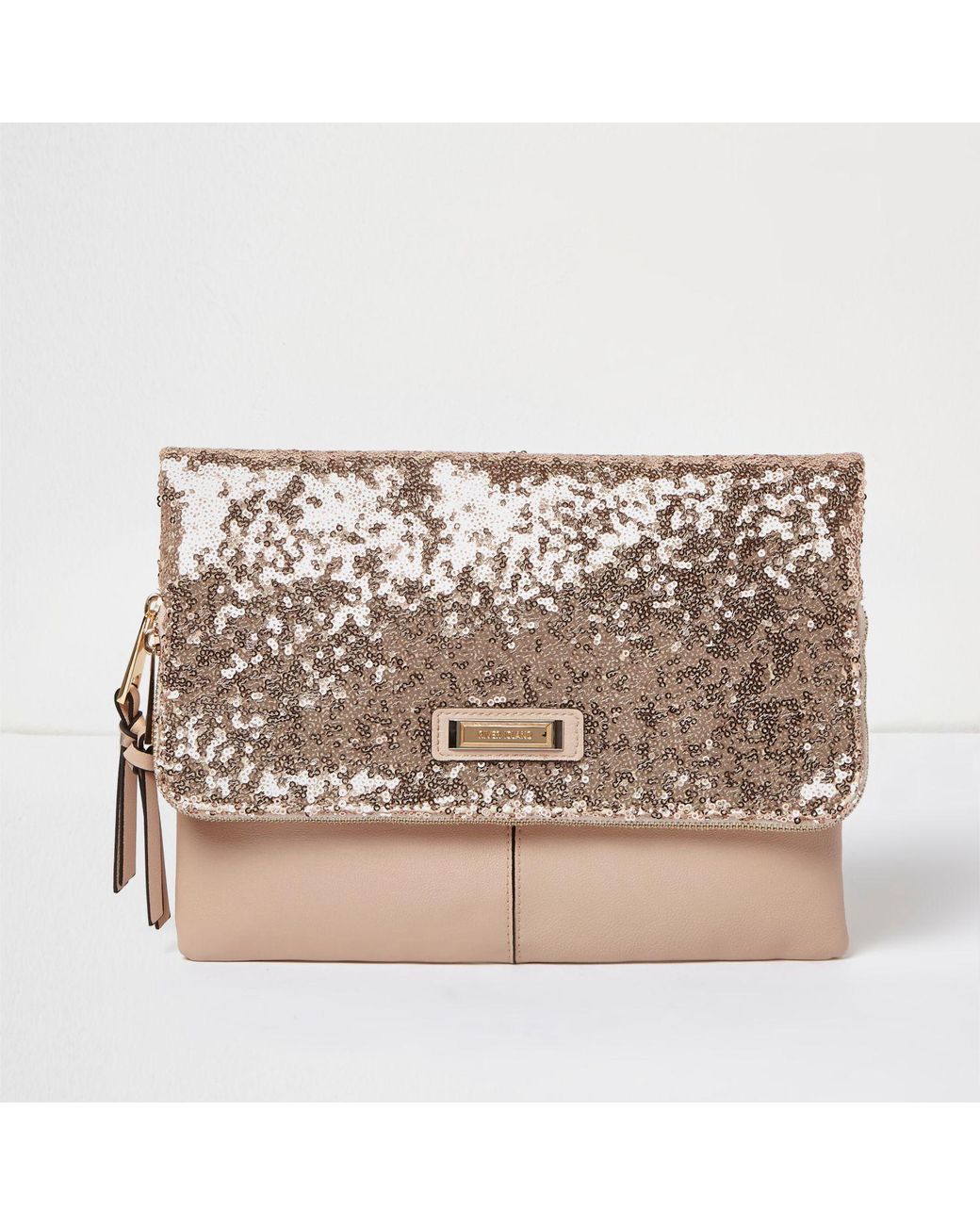 River Island Rose Gold Sequin Fold Over Clutch Bag Lyst UK