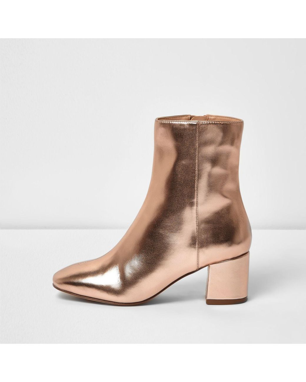 River Island Rose Gold Block Heel Ankle Boot in Brown | Lyst UK