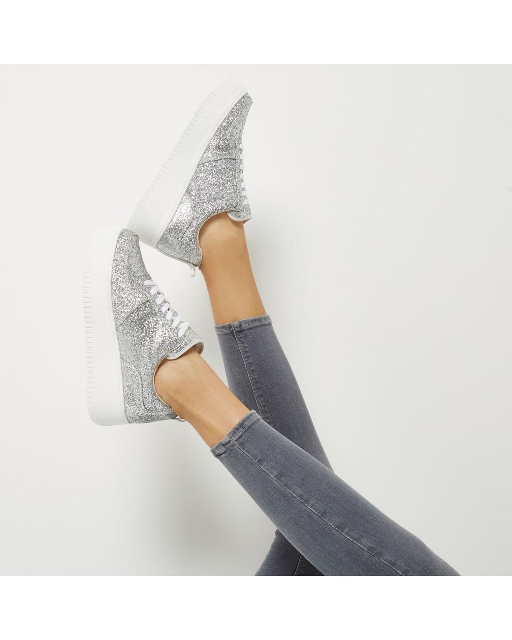 silver glitter platform trainers