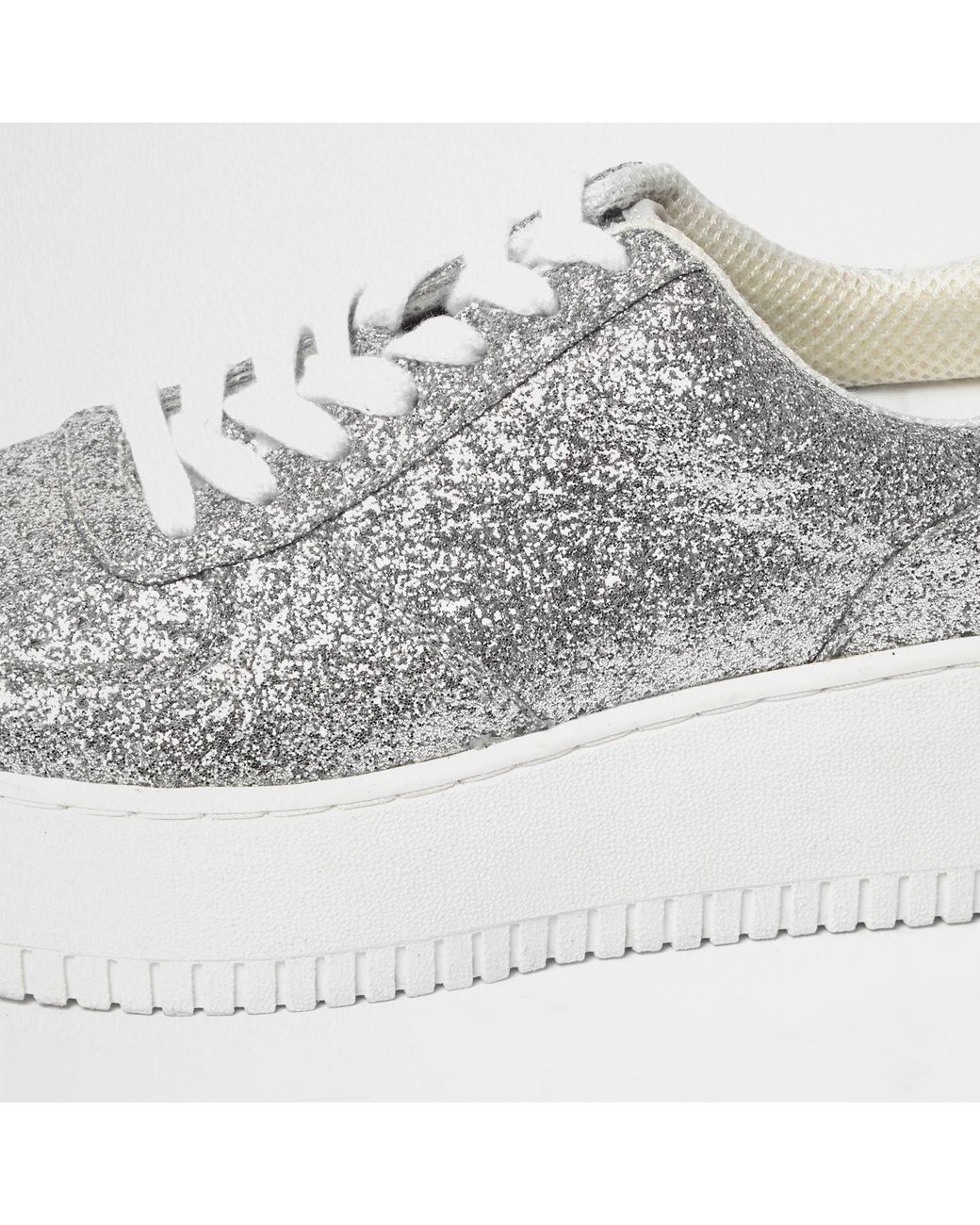 River Island Silver Glitter Platform Trainers in Metallic | Lyst UK