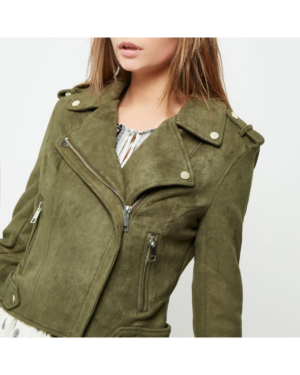 River Island Khaki Green Suede Look Biker Jacket Lyst