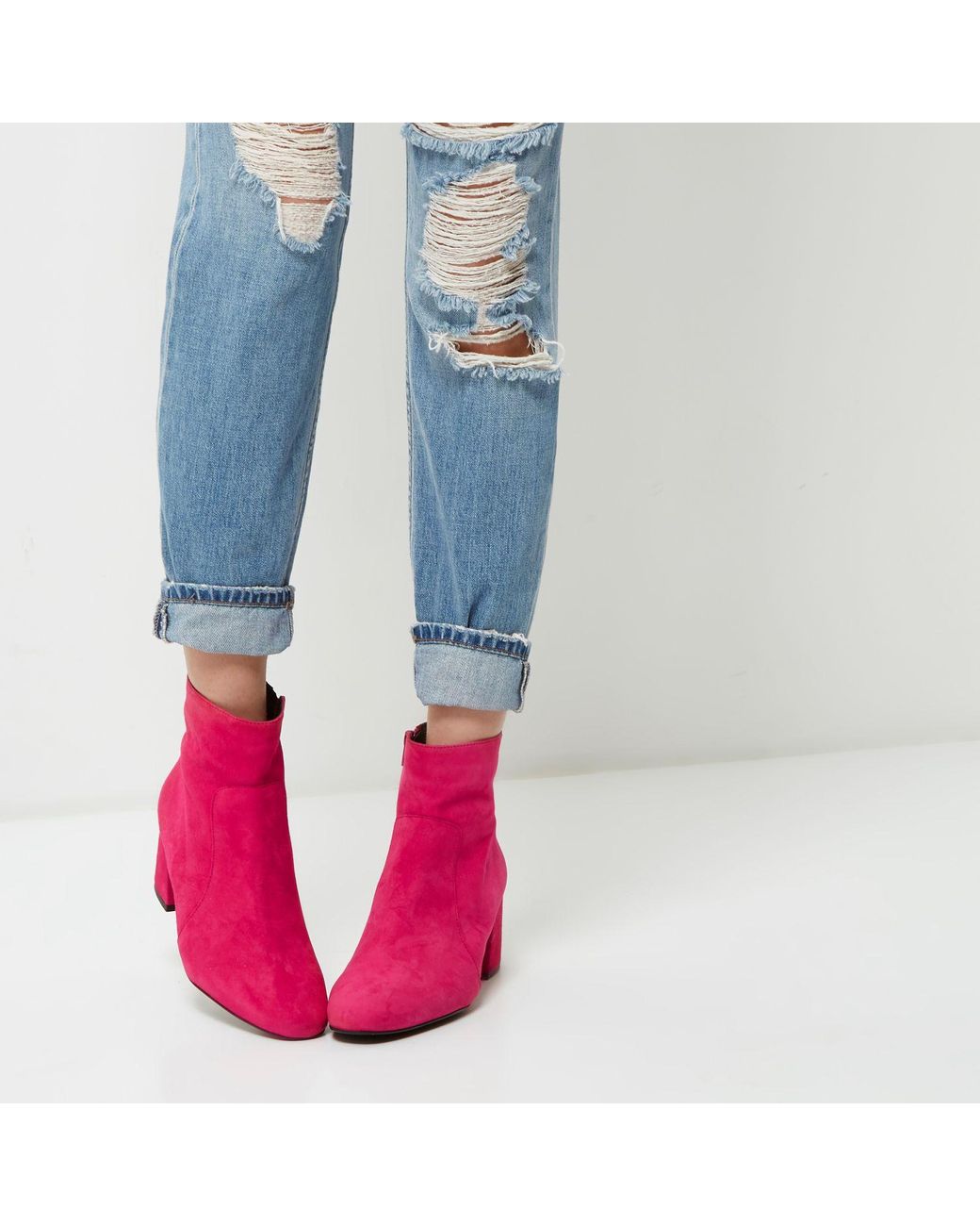 River Island Bright Pink Suede Block Heel Ankle Boots | Lyst UK