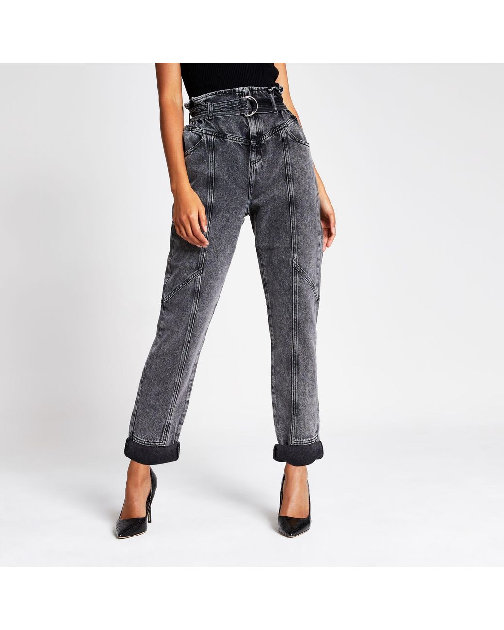 River Island Acid Wash Paperbag Waist Utility Jeans in Grey | Lyst UK