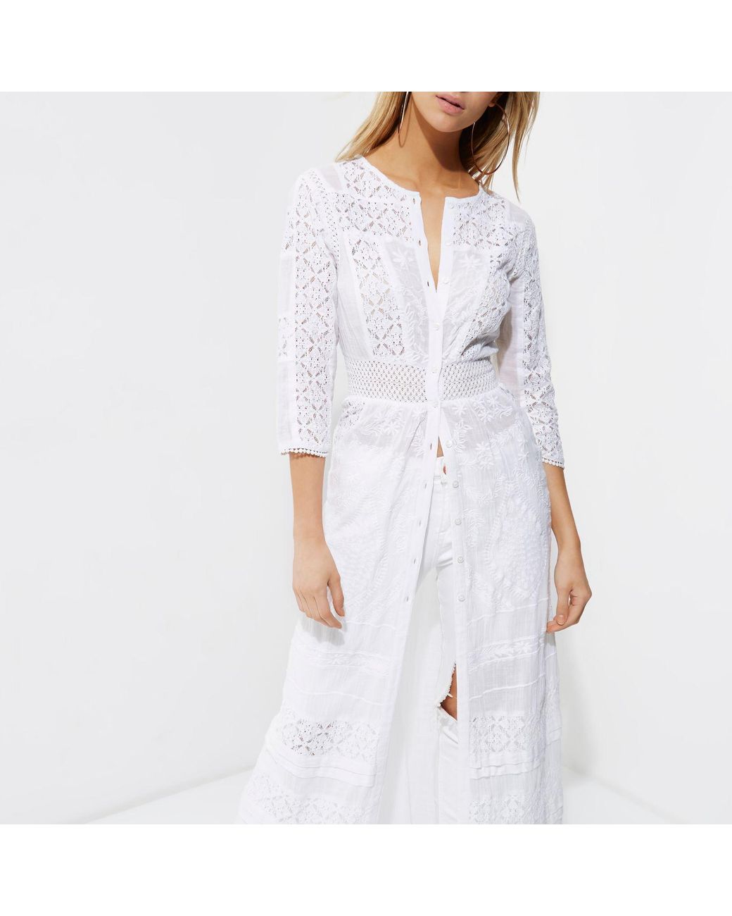 River Island White Lace Panel Embroidered Maxi Shirt Dress | Lyst