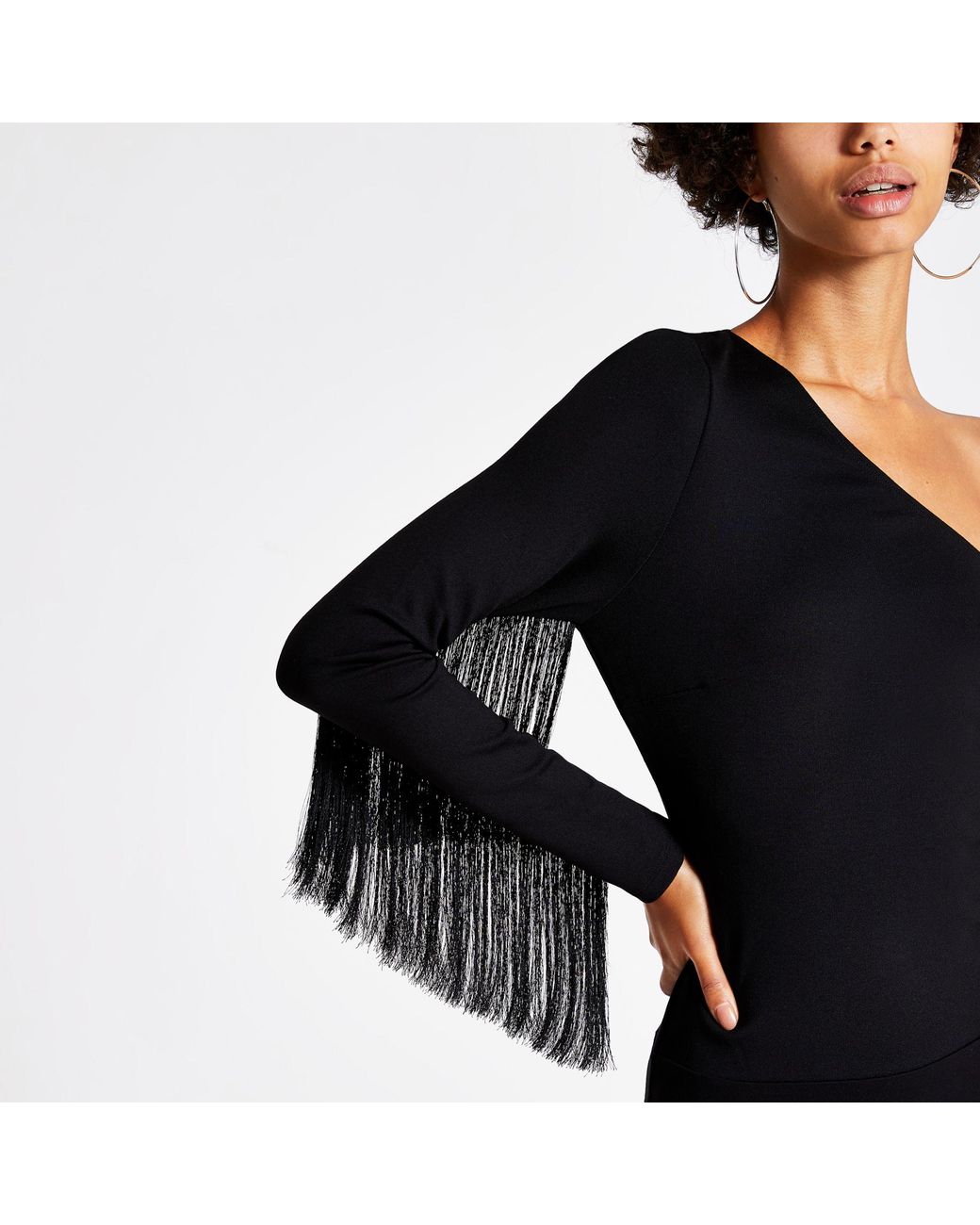 River Island One Shoulder Fringe Sleeve Bodysuit in Black | Lyst