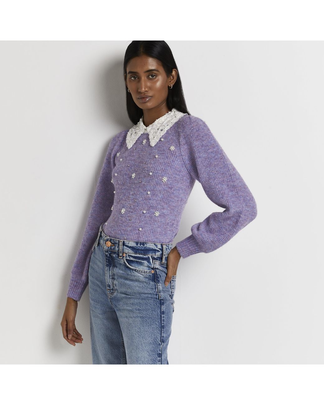 River Island Purple Embellished Lace Collar Jumper | Lyst UK