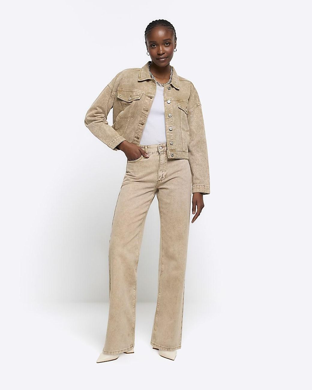 Cropped beige denim hot sale jacket