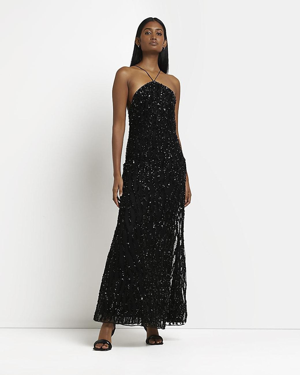 River Island Black Sequin Halter Neck Maxi Dress Lyst Canada