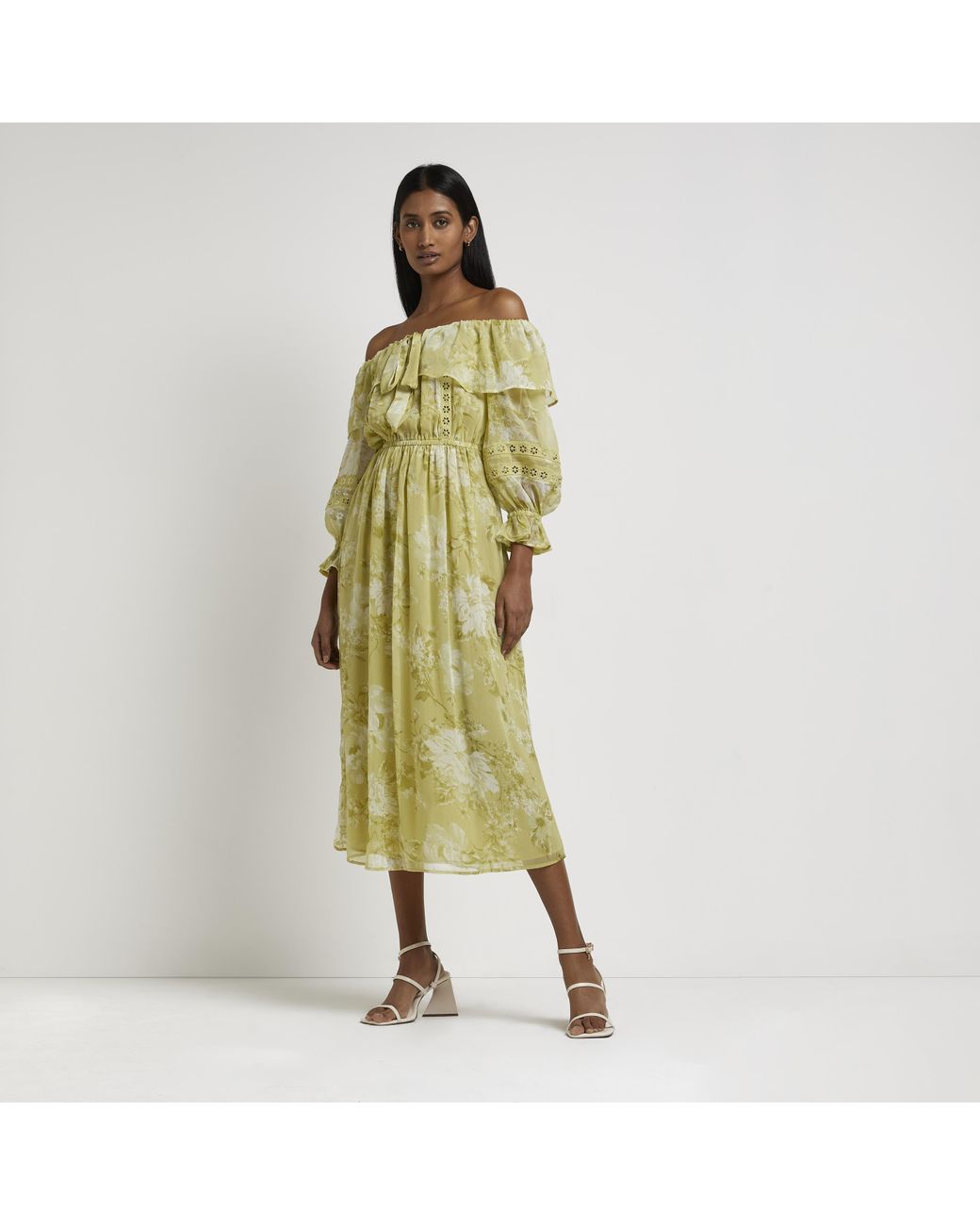 River Island Floral Bardot Midi Dress in Green | Lyst UK