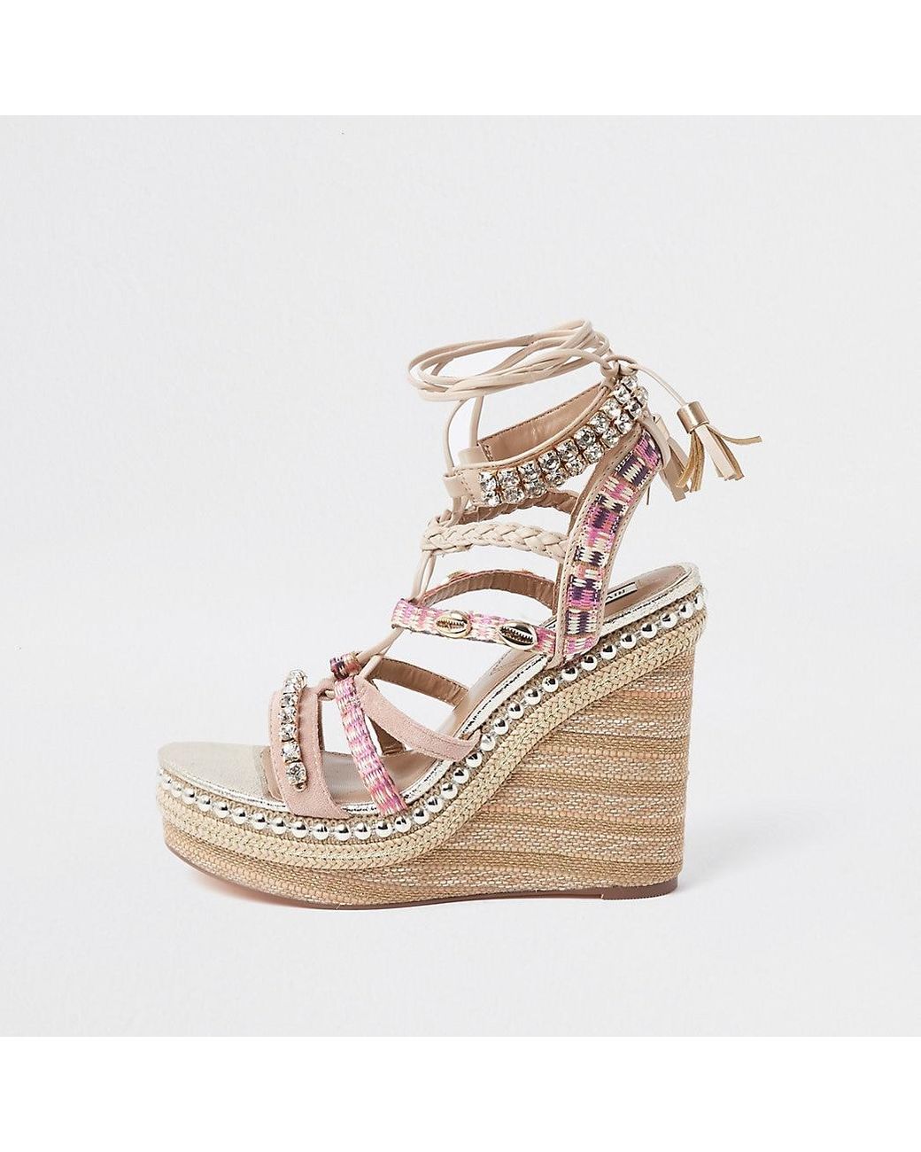 River Island Pink Embellished Lace-up Wedge Sandals | Lyst