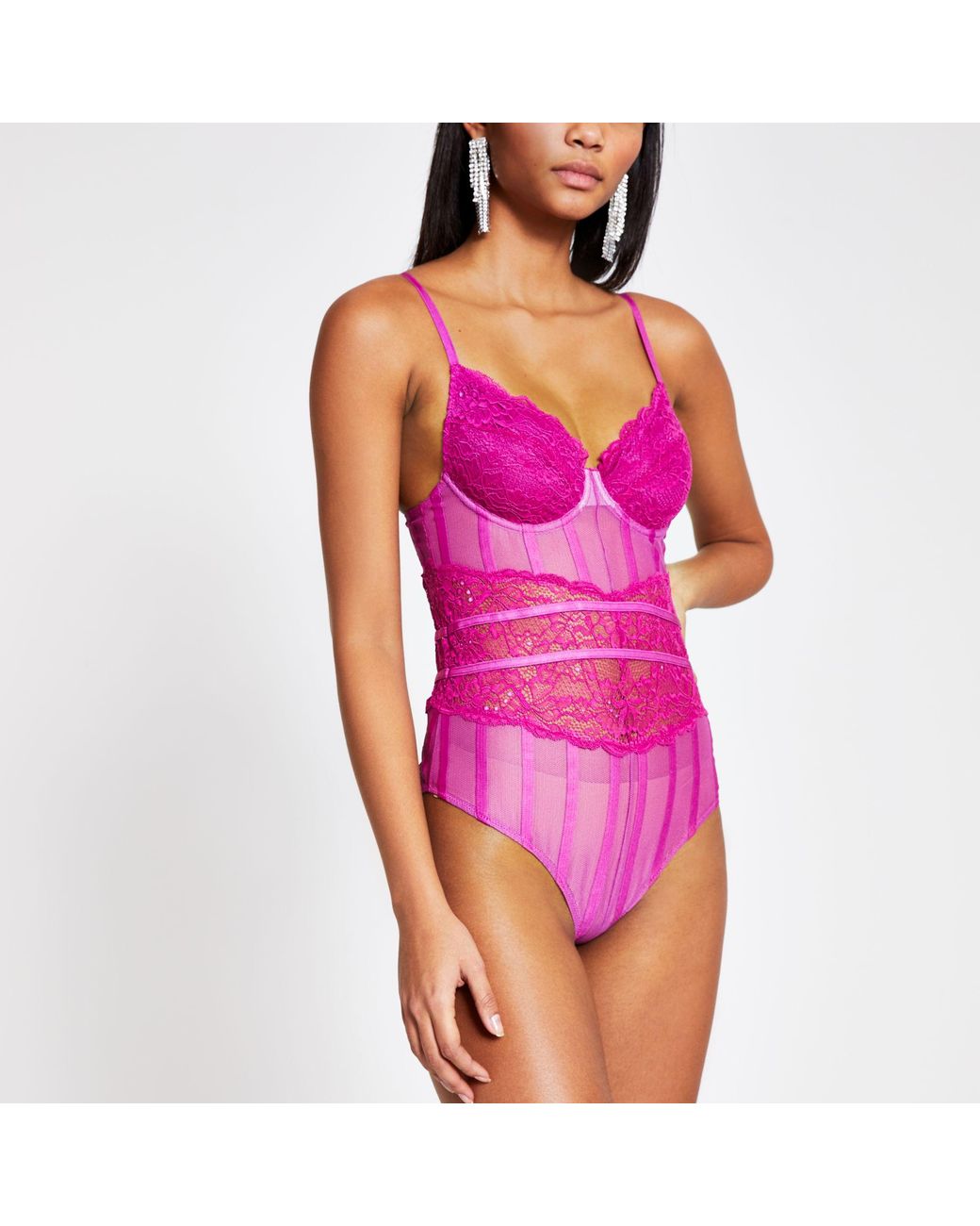 River Island Bright Pink Lace Corset Bodysuit Top | Lyst