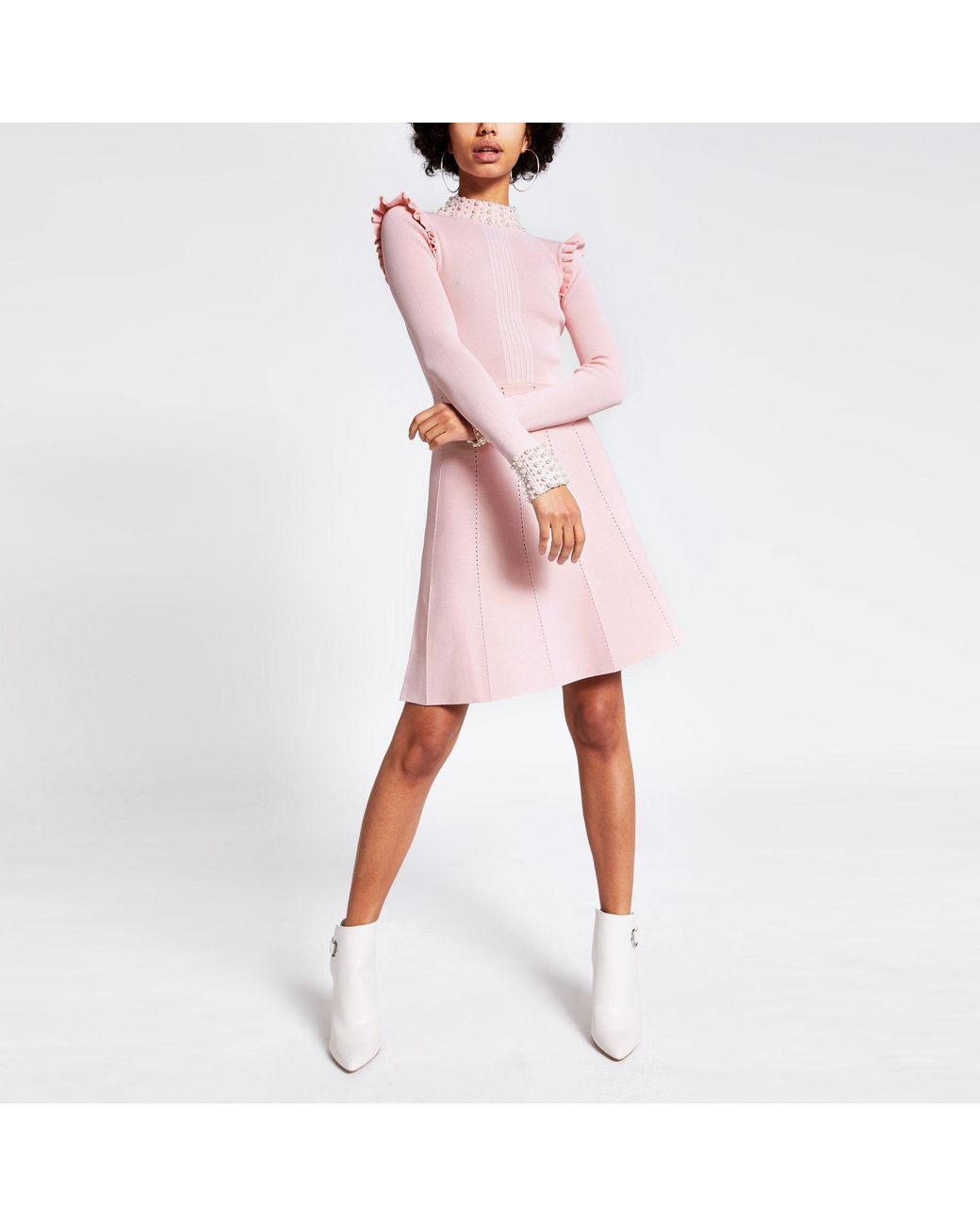 Pearl Embellished Rib Knitted Dress 