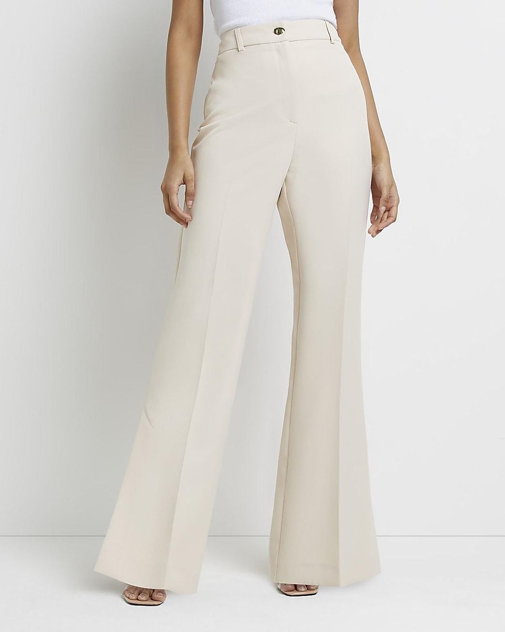 Cream Split Hem Flared Trousers 