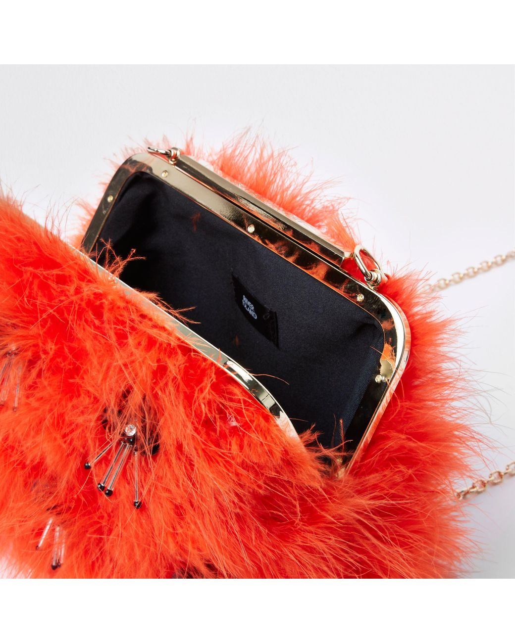 River Island Synthetic Orange Marabou Feather Sequin Clutch Bag | Lyst