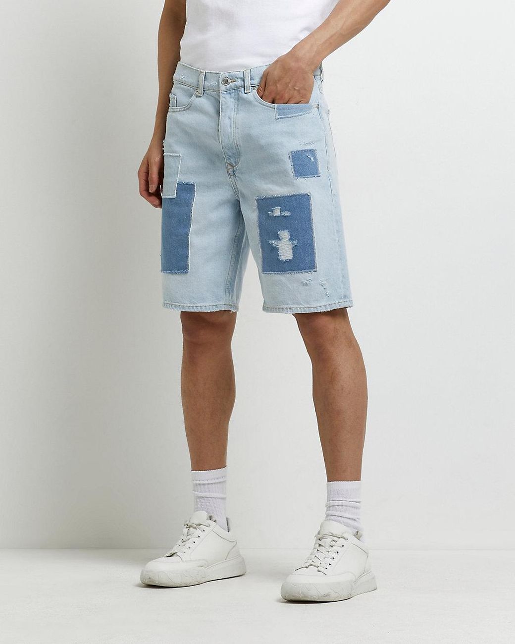 Blue Bermuda Patchwork Denim Shorts 