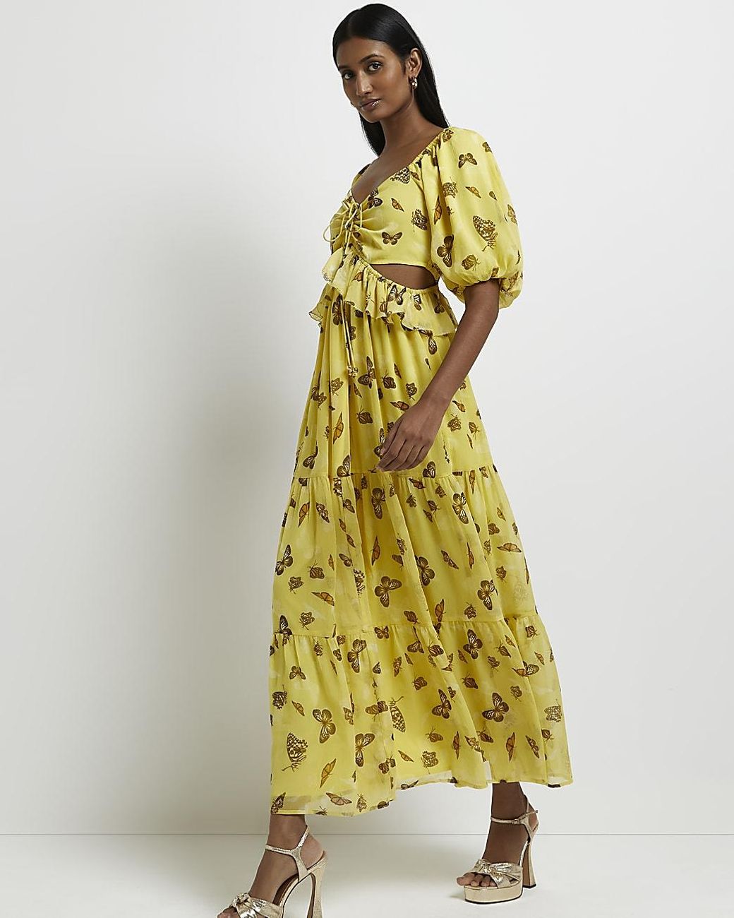 River Island Print Cut Out Maxi Dress in Yellow | Lyst