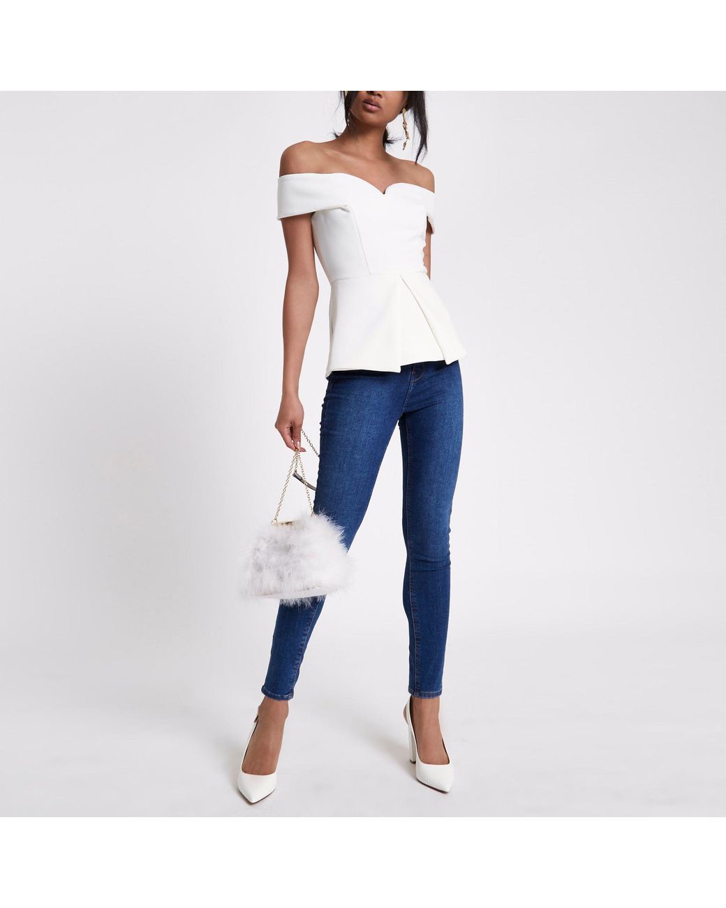 River Island White Structured Bardot Top Lyst Australia