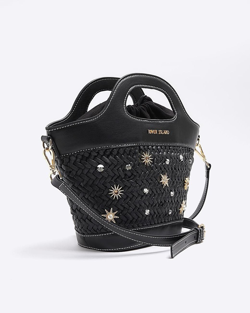 River Island Black Weave Embellished Bucket Cross Body Bag in White Lyst