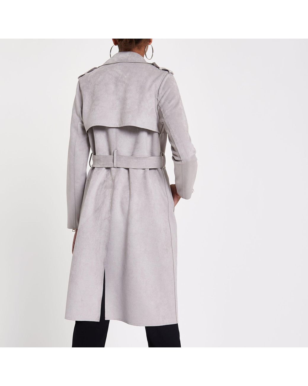 River Island Light Grey Faux Suede Longline Trench Jacket in Gray | Lyst