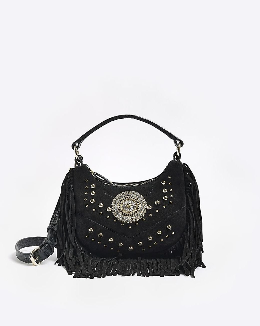 Suede Fringe Studded Cross Body Bag