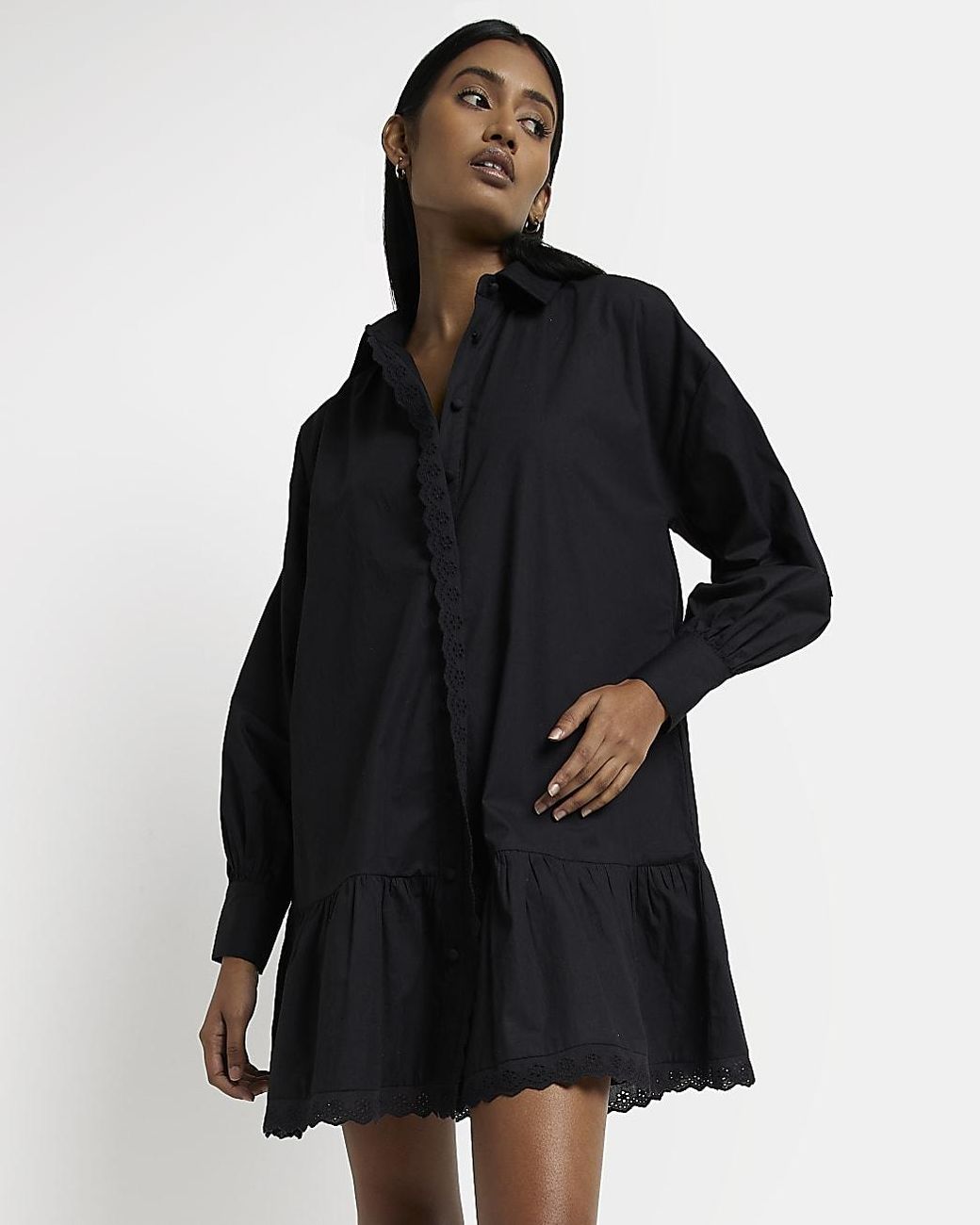 Black Lace Trim Mini Shirt Dress | Lyst