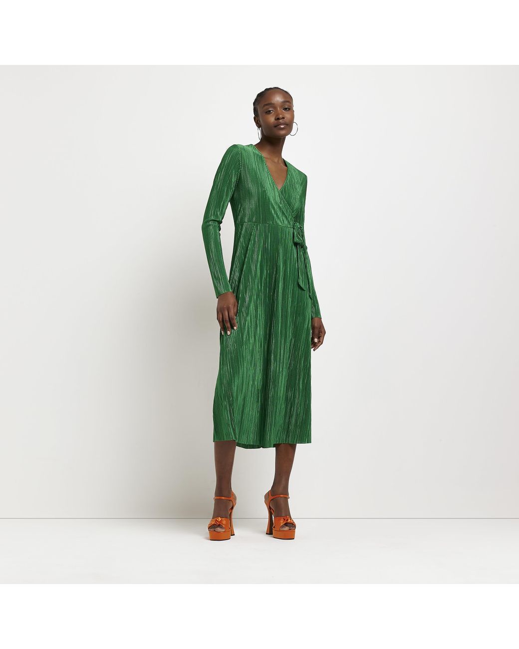 River Island Plisse Wrap Midi Dress in Green Lyst UK