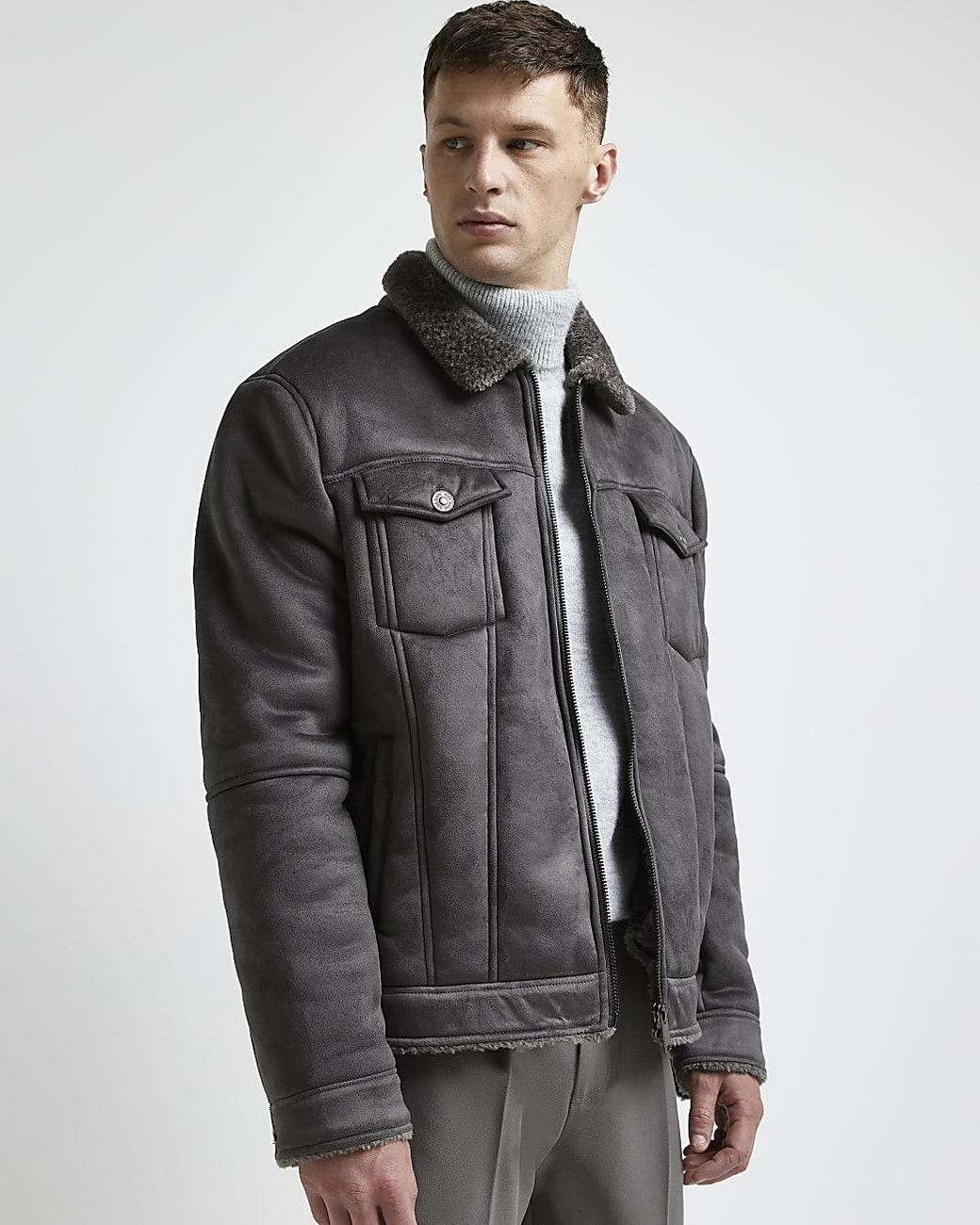 River Island Grey Borg Lined Suedette Western Jacket in Gray for Men | Lyst