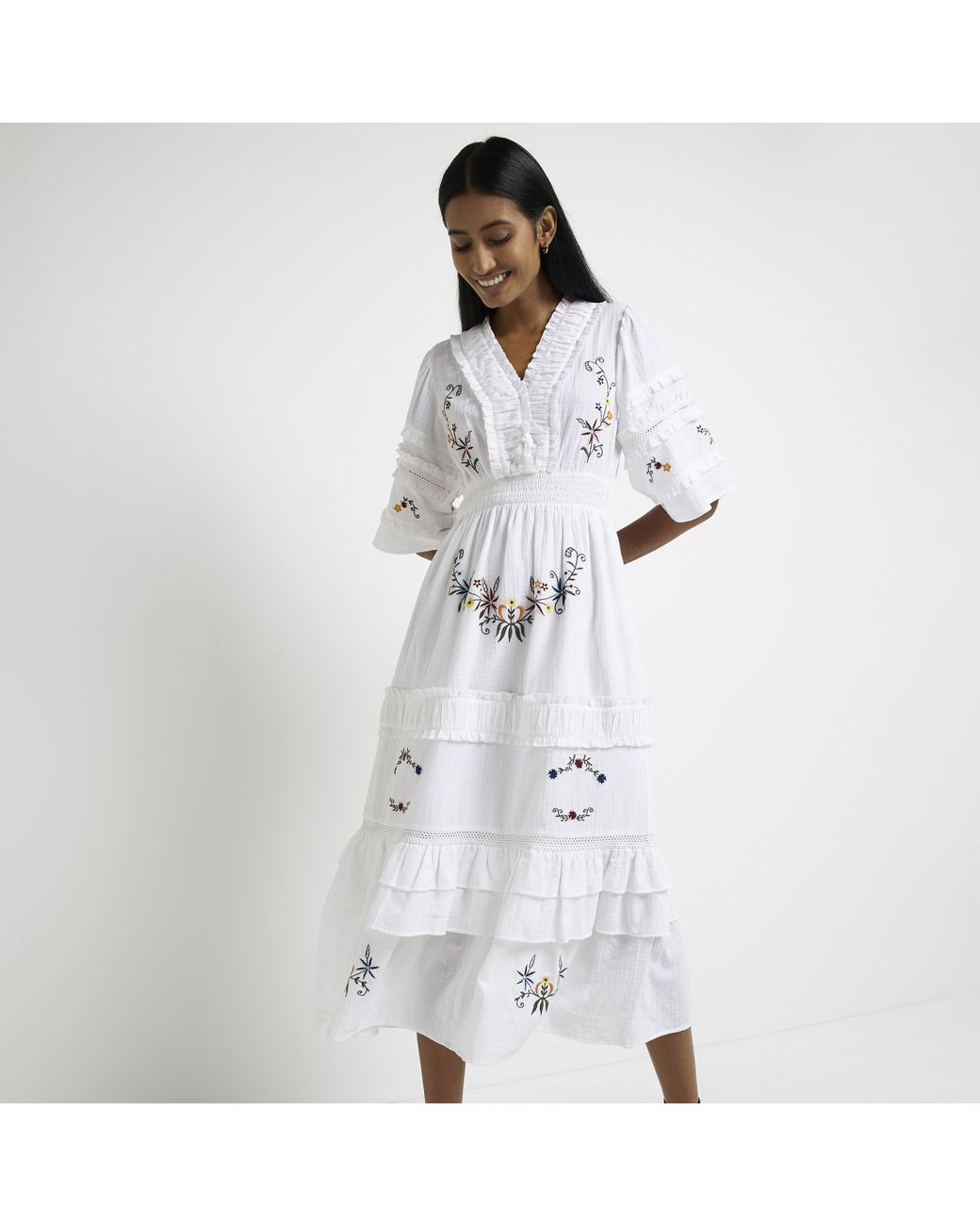 River Island Embroidered Smock Midi Dress in White | Lyst UK