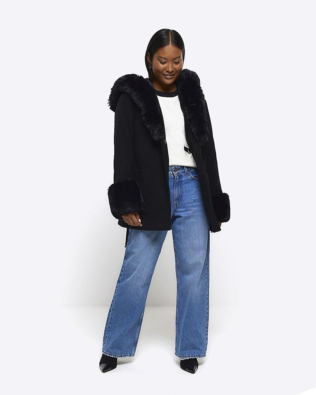 River Island Petite Black Faux Fur Belted Coat in Blue Lyst UK