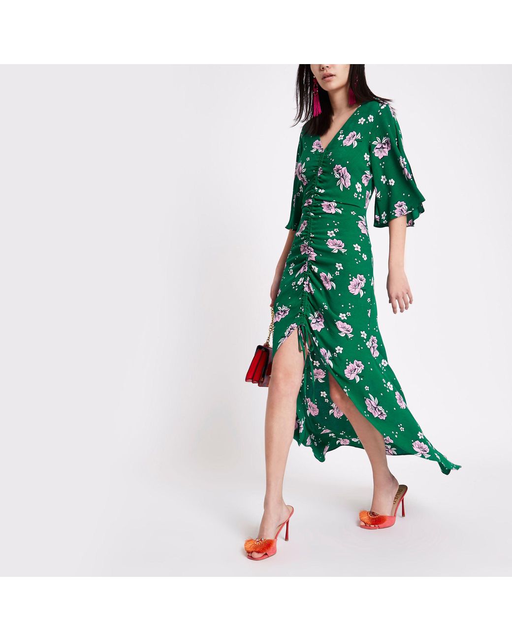 River Island Green Floral Print Ruched Front Maxi Dress | Lyst UK