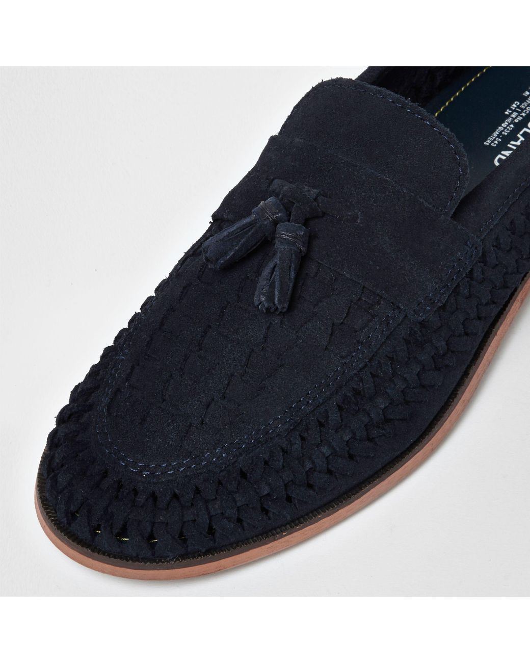 River Island Navy Blue Woven Suede Loafers for Men Lyst UK