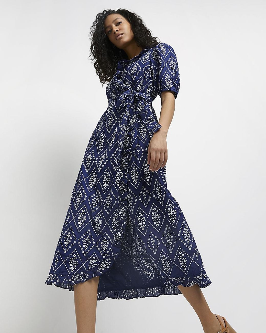 River Island Navy Broderie Wrap Midi Dress in Blue | Lyst Canada