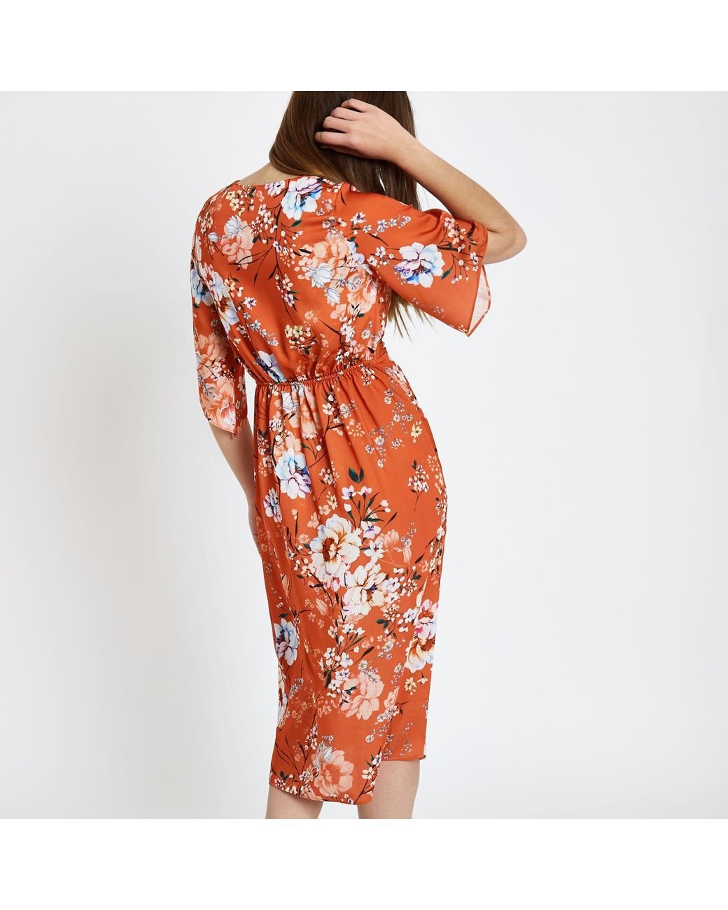 River Island Orange Floral Kimono Sleeve Midi Dress Lyst Canada
