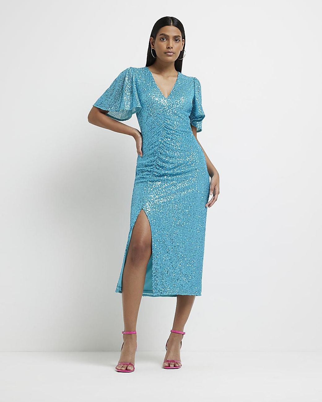 River Island Blue Sequin Ruched Bodycon Midi Dress Lyst Uk