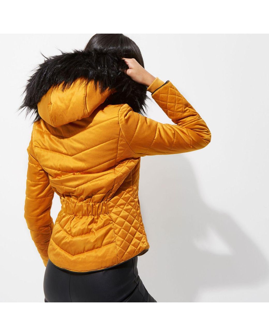 River Island Yellow Quilted Fur Trim Puffer Jacket | Lyst Canada