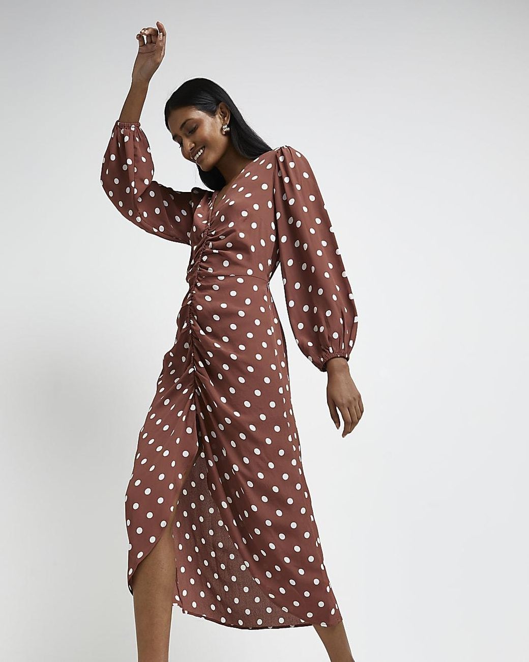 Brown Polka Dot Ruched Midi Dress 