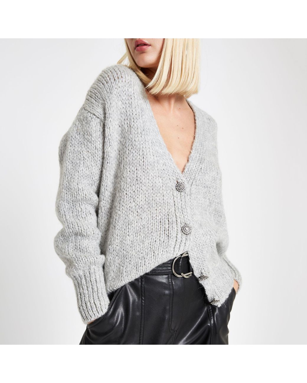 Grey Diamante Button Knit Cardigan 