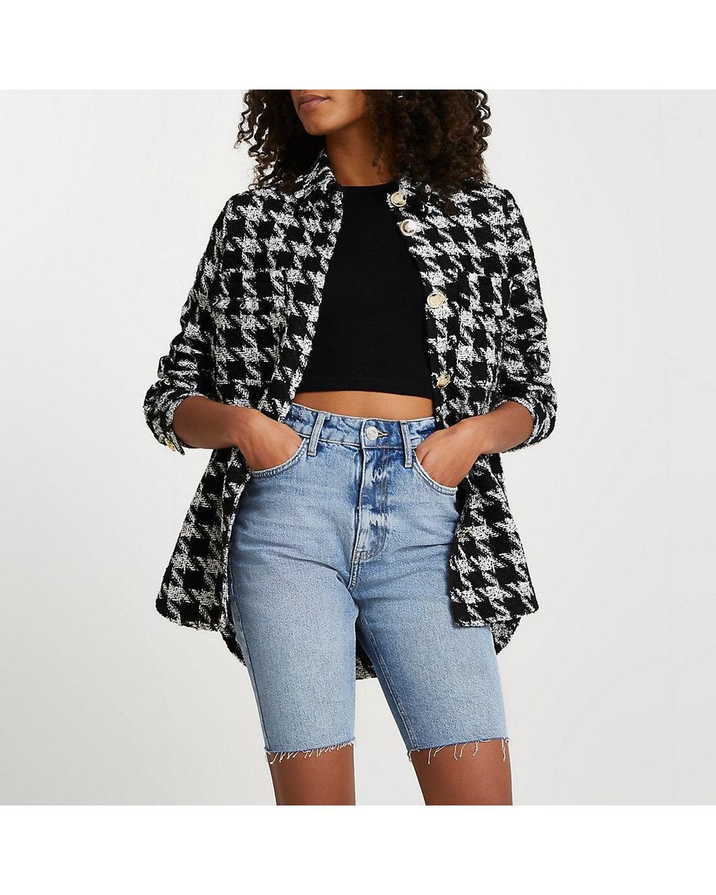 River Island Black Dogtooth Print Boucle Shacket Lyst