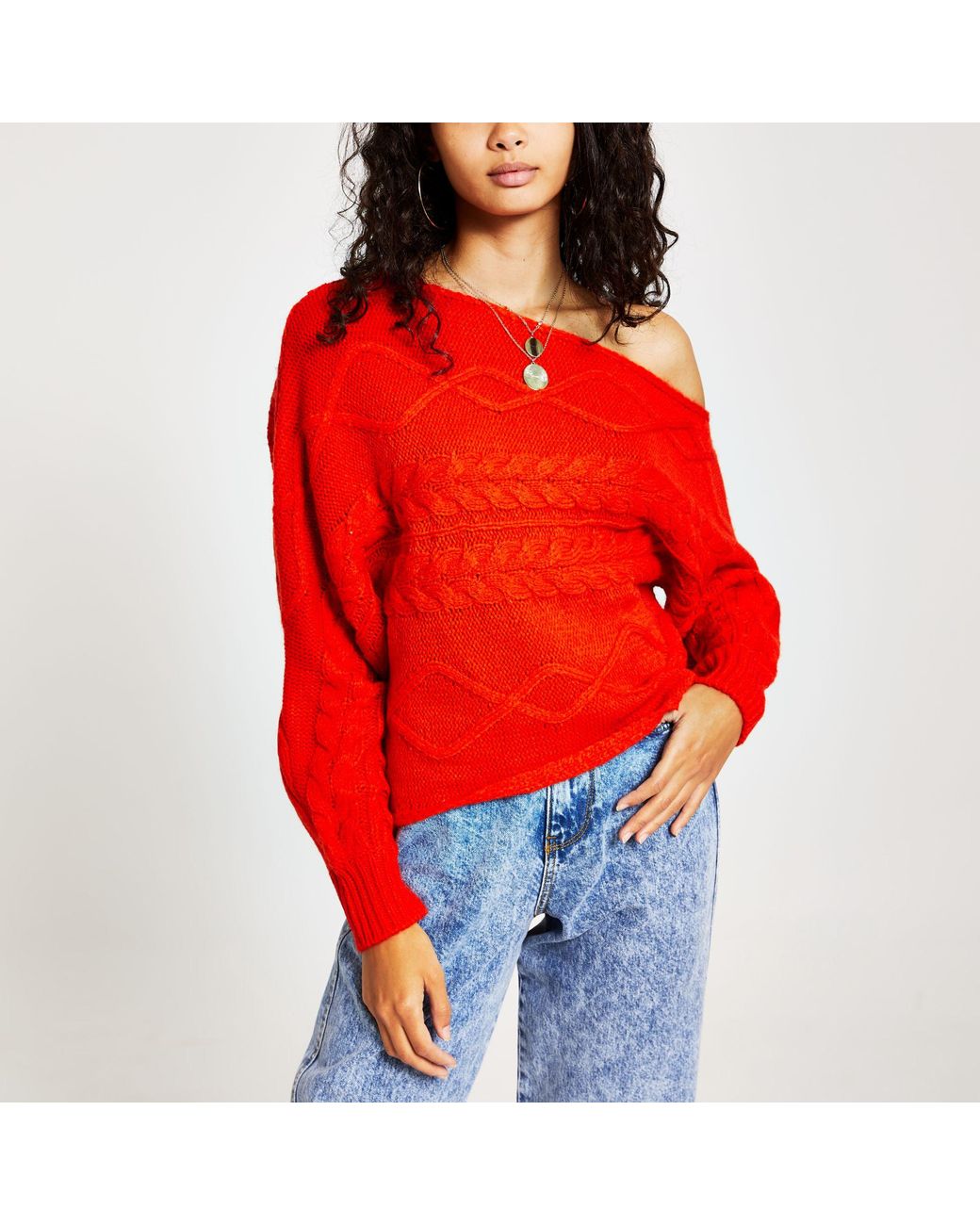 River Island Synthetic Orange Asymmetric Bardot Knitted Jumper Lyst